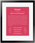 Denis personalized name art with origin story in red with black matte frame