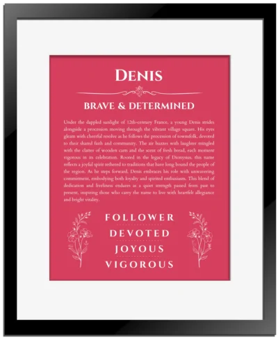 Denis personalized name art with origin story in red with black matte frame