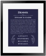 Dennis personalized wall art with the story of your name in navy blue with black matte frame