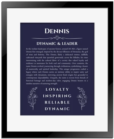 Dennis personalized wall art with the story of your name in navy blue with black matte frame