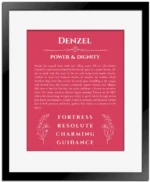 Denzel personalized name print with origin and traits in red with black matte frame