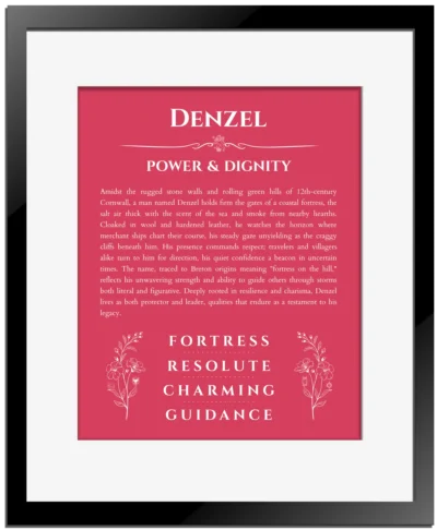 Denzel personalized name print with origin and traits in red with black matte frame