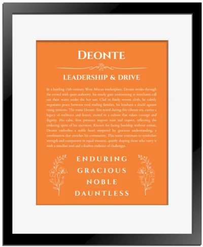 Deonte custom name print for wall display in orange with black matte frame
