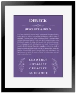 Dereck personalized name meaning print in purple with black matte frame