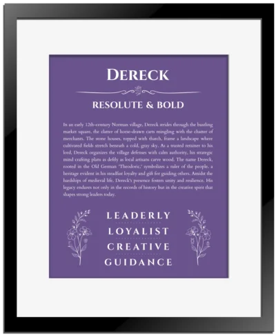 Dereck personalized name meaning print in purple with black matte frame