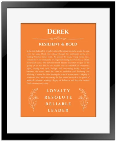 Derek personalized name meaning print in orange with black matte frame