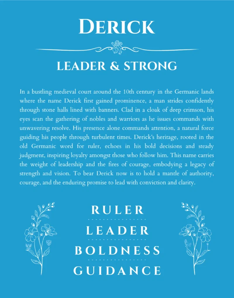 Derick name origin print with meaning and traits in blue