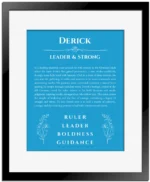 Derick name origin print with meaning and traits in blue with black matte frame