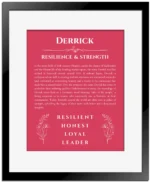 Derrick custom name print for wall display in red with black matte frame