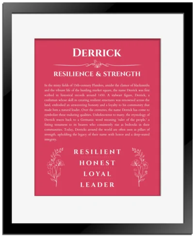 Derrick custom name print for wall display in red with black matte frame