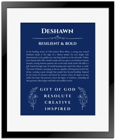 Deshawn custom name print for wall display in deep blue with black matte frame