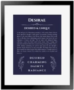 Desirae personalized wall art with the story of your name in navy blue with black matte frame