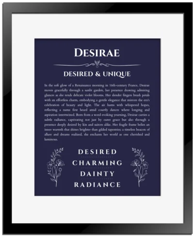 Desirae personalized wall art with the story of your name in navy blue with black matte frame