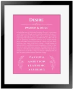 Desire name meaning gift print in pink with black matte frame