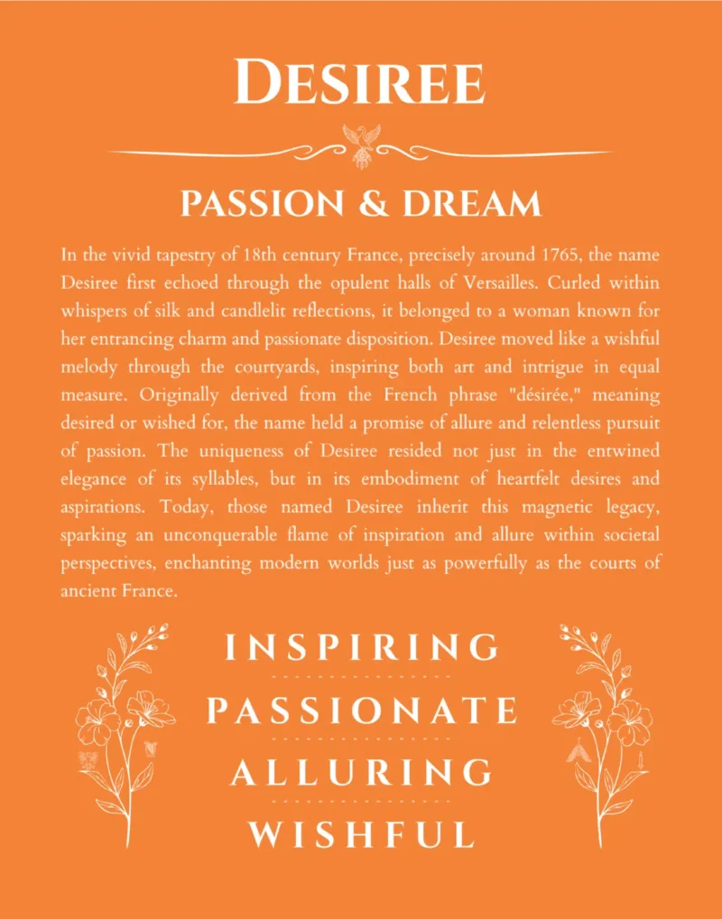 Desiree personalized name print with origin and traits in orange