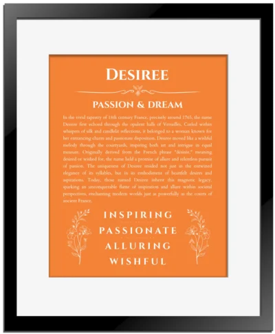 Desiree personalized name print with origin and traits in orange with black matte frame