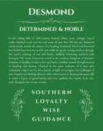Desmond personalized name art with origin story in dark green