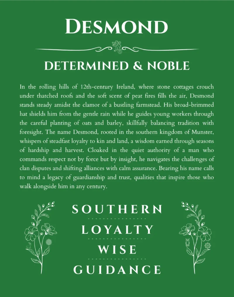 Desmond personalized name art with origin story in dark green