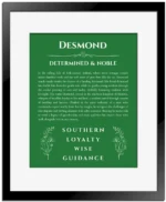 Desmond personalized name art with origin story in dark green with black matte frame