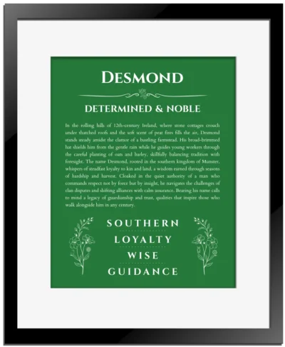 Desmond personalized name art with origin story in dark green with black matte frame
