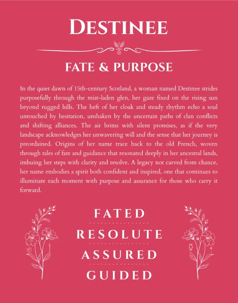 Destinee name origin print with meaning and traits in red