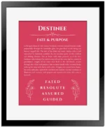 Destinee name origin print with meaning and traits in red with black matte frame