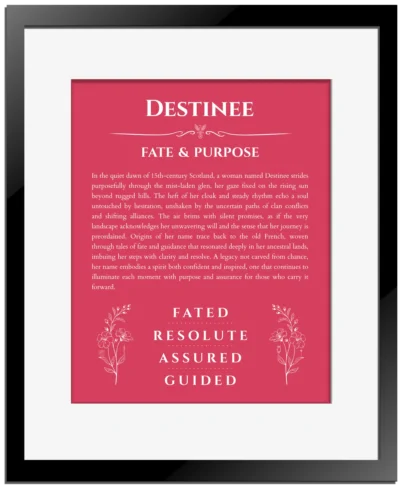 Destinee name origin print with meaning and traits in red with black matte frame