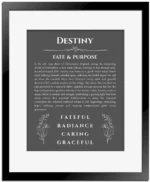 Destiny personalized wall art with the story of your name in gray with black matte frame