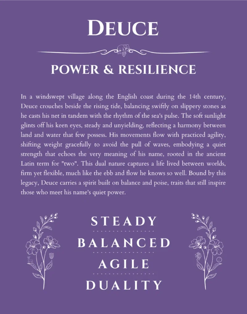 Deuce name origin print with meaning and traits in purple