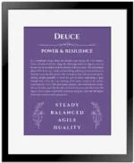 Deuce name origin print with meaning and traits in purple with black matte frame