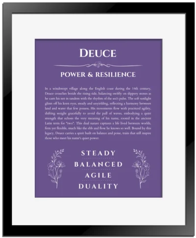 Deuce name origin print with meaning and traits in purple with black matte frame