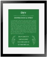 Dev custom name meaning print in dark green with black matte frame