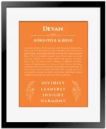 Devan custom name print for wall display in orange with black matte frame