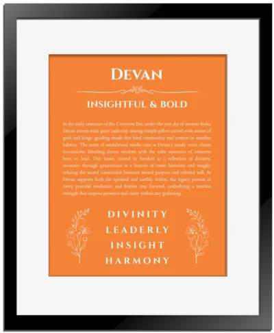 Devan custom name print for wall display in orange with black matte frame