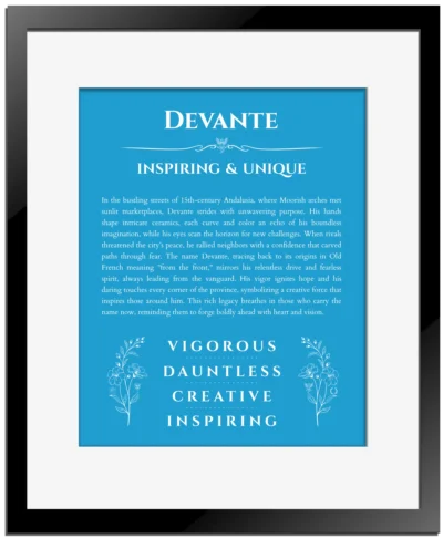 Devante custom name print for wall display in blue with black matte frame