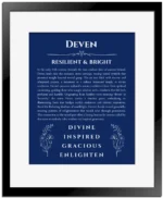 Deven personalized wall art with the story of your name in deep blue with black matte frame