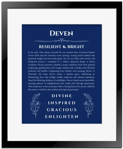 Deven personalized wall art with the story of your name in deep blue with black matte frame
