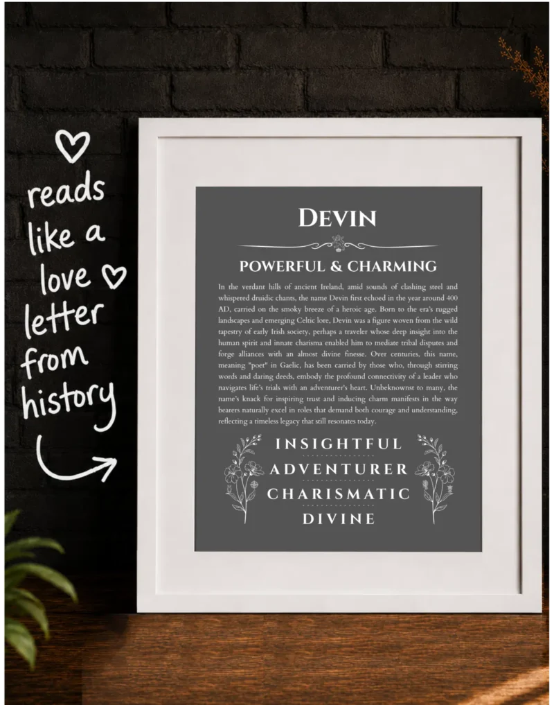 Devin custom name art showing meaning and origin
