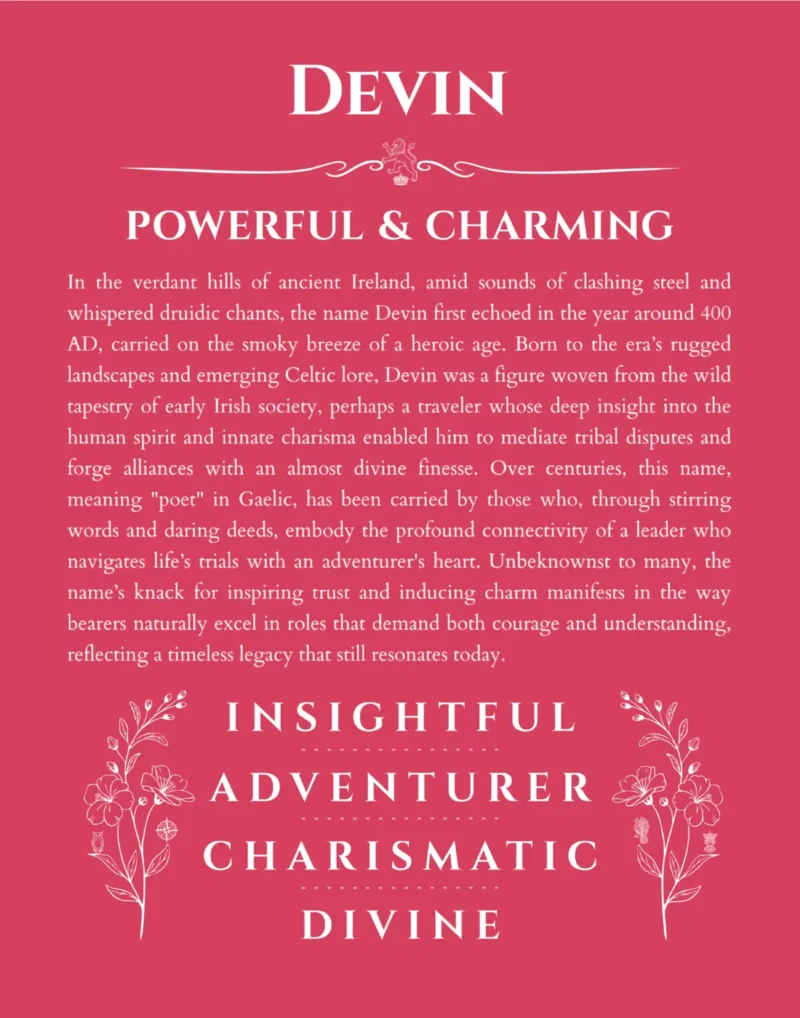 Devin custom name art showing meaning and origin in red
