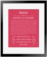 Devin custom name art showing meaning and origin in red with black matte frame