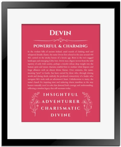 Devin custom name art showing meaning and origin in red with black matte frame