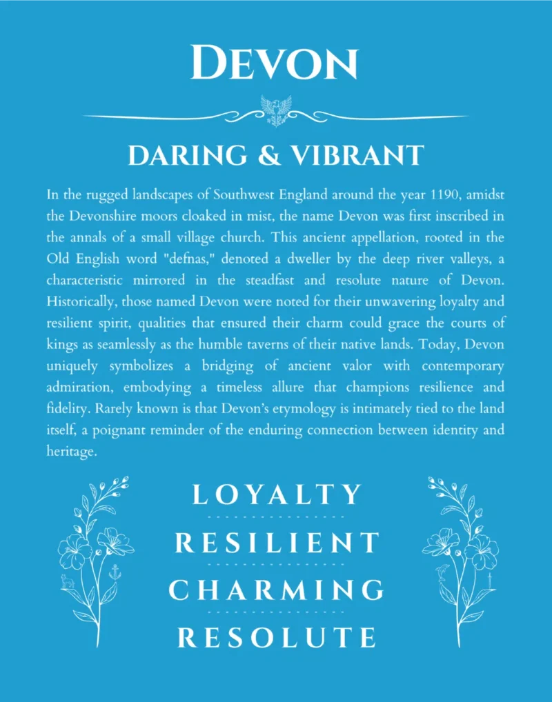Devon custom name art showing meaning and origin in blue