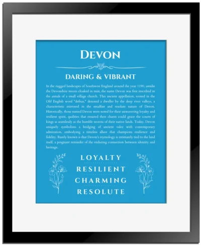 Devon custom name art showing meaning and origin in blue with black matte frame
