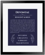 Devontae personalized name meaning print in navy blue with black matte frame