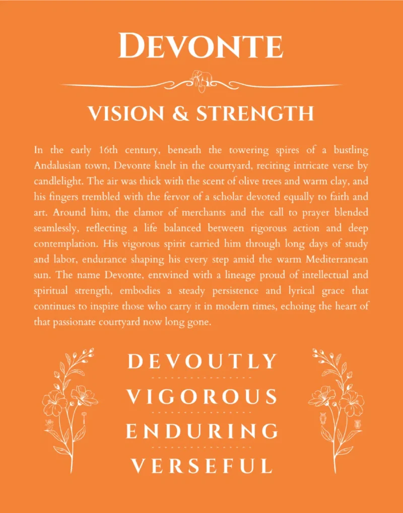 Devonte personalized name art with origin story in orange