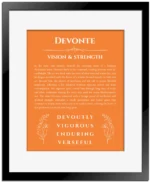 Devonte personalized name art with origin story in orange with black matte frame
