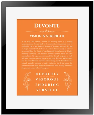 Devonte personalized name art with origin story in orange with black matte frame