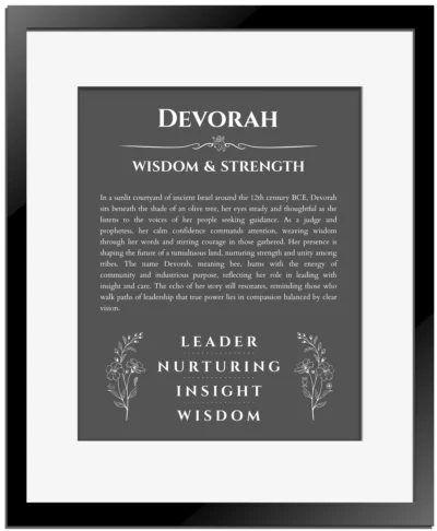 Devorah personalized name print with origin and traits in gray with black matte frame