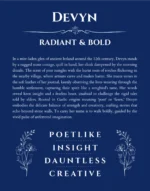 Devyn custom name art showing meaning and origin in deep blue