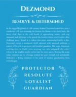 Dezmond custom name art showing meaning and origin in blue